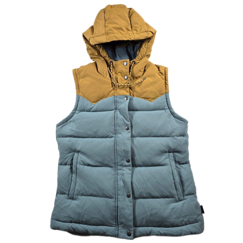 Patagonia Bivy Hooded Down Vest Womens Medium Blue Yellow Insulated 600 Fill